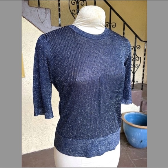 VERONICA BEARD Ume Blue Metallic Shimmer Short Sleeve Knit Top EUC/sz L - Picture 3 of 11